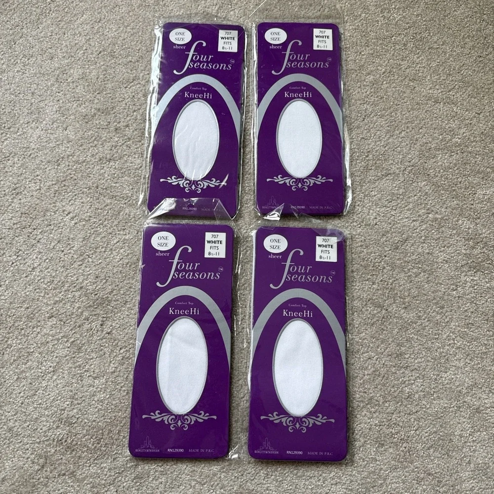 Lot of 4 Four Seasons Sheer KneeHi Comfort Top Stockings, White, Nylon Socks (4)